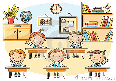 Little cartoon kids in the classroom at the lesson Vector Illustration