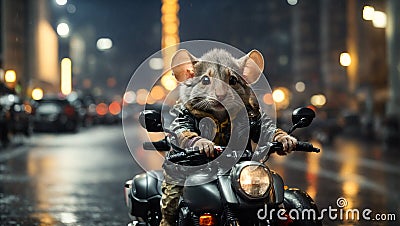 A little cartoon mouse rides motorcycle through the city at night fun design Stock Photo