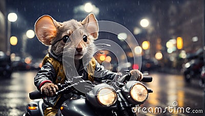 A little cartoon mouse rides motorcycle through the city at night fun Stock Photo