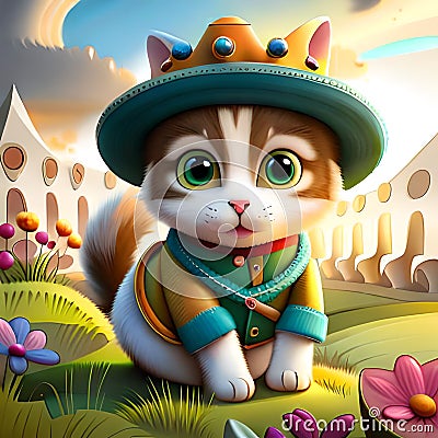 little Cat of colorful fluffy hair with crown hat , ai art Stock Photo