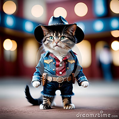 A little cat in a cowboy outfit stands like a person. Stock Photo