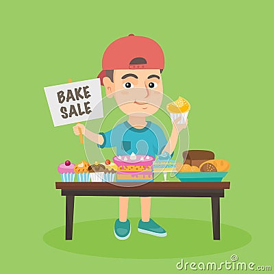 Little caucasian boy running charity bake sale. Vector Illustration