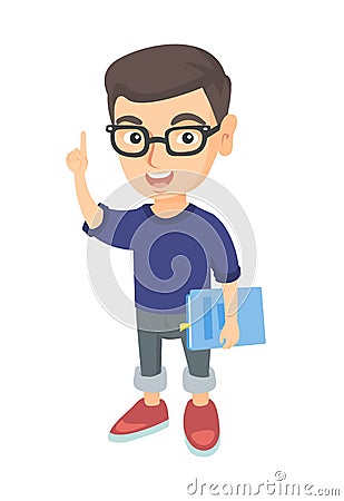 Little caucasian schoolboy pointing forefinger up. Vector Illustration