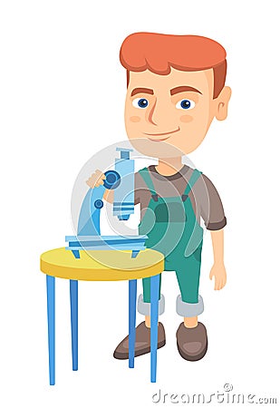 Little caucasian schoolboy using a microscope. Vector Illustration