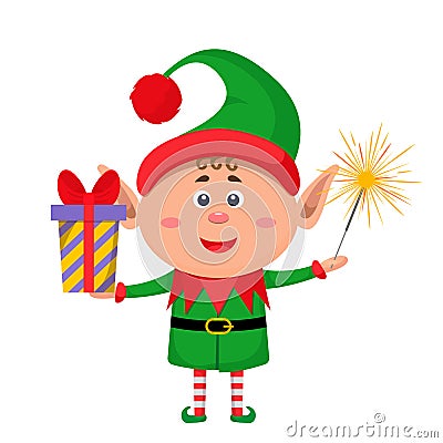 Little character funny elf in a suit with a gift and a sparkler in his hand Cartoon Illustration