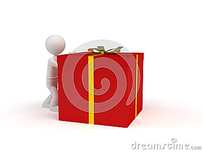 Little character push a red gift box Stock Photo