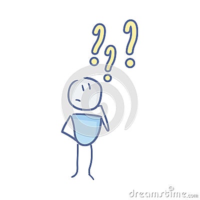 Little character is thinking under question marks. Doubts and questions concepts. Problem solving. Vector doodle illustration Vector Illustration