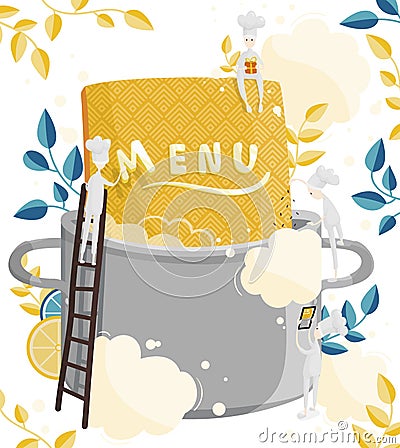 Little characters cooks come up with a menu. Field for text. Illustration of menu creation for a restaurant or cafe Vector Illustration
