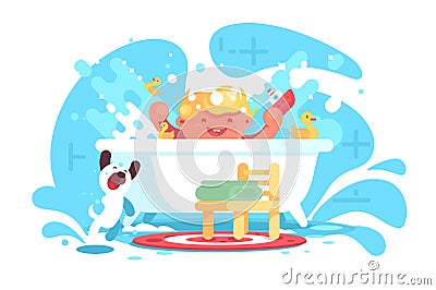 Little cheerful baby having fun in bath Vector Illustration