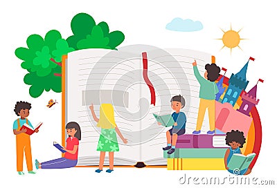 Little cheerful children together read book and textbook, child boy, girl sitting educational booklet flat vector Vector Illustration