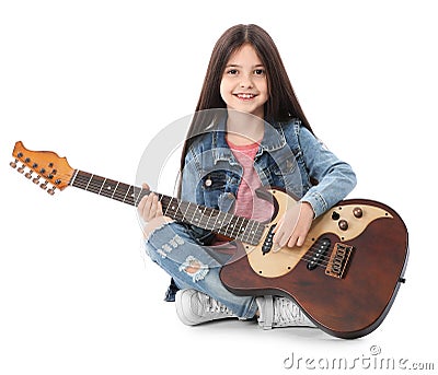 Little cheerful girl playing guitar, isolated Stock Photo