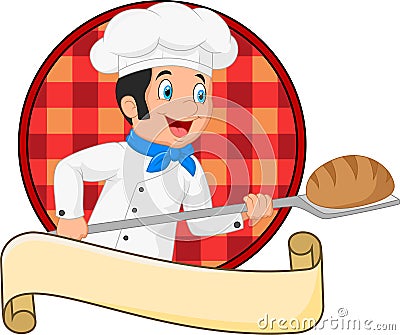 Little chef baker holding bakery peel tool with bread Vector Illustration