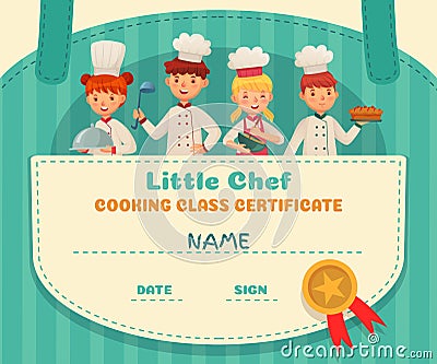 Little chef certificate. Cooking class chefs diploma, cooking food school lesson and kids cooks frame cartoon vector Vector Illustration