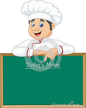 Little chef pointing at a banner or menu Vector Illustration