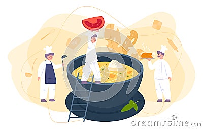 Little chef in professional uniform cook chicken soup in a bowl. Vector Illustration