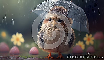 Little Chick with Umbrella Standing in the Rain Stock Photo