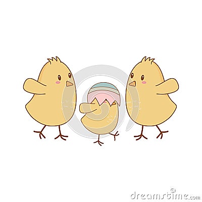 Little chicks with broken eggs easter characters Vector Illustration