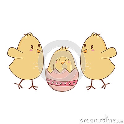 Little chicks with broken eggs easter characters Vector Illustration