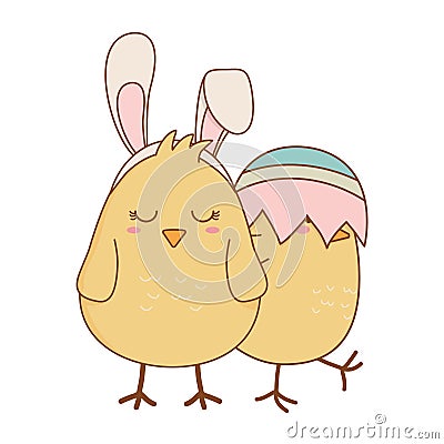 Little chicks with broken eggs easter characters Vector Illustration