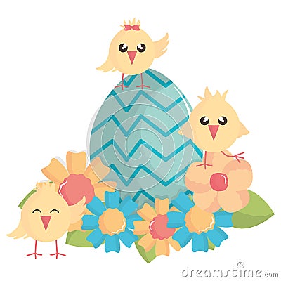 Little chicks with egg painted easter characters Vector Illustration