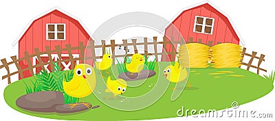 Little chicks play in the farm Vector Illustration