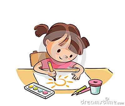 Little child baby girl drawing picture with pencils and watercolor sitting at the table Vector Illustration
