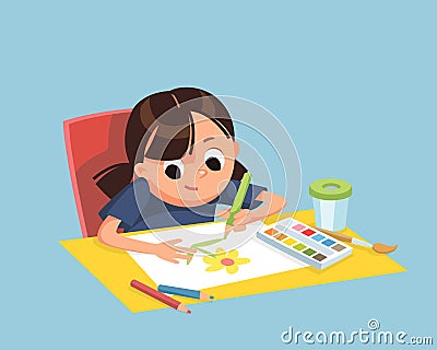 Little child baby girl drawing picture with pencils and watercolor sitting at the table. Vector Illustration