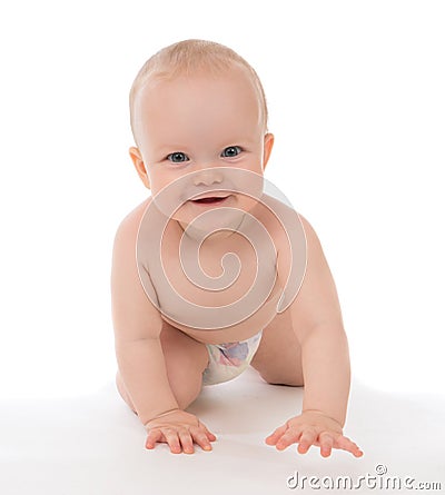 Little child baby toddler sitting or crawling happy smiling Stock Photo