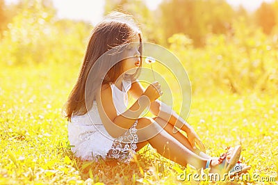 Little child blowing dandelion in sunny summer day Stock Photo