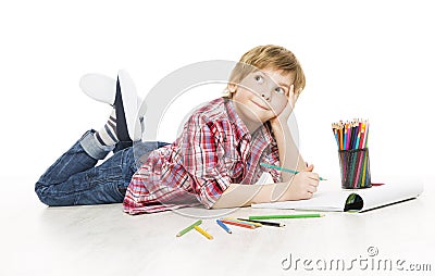 Child Boy Drawing Pencil, Artistic Creative Kid Thinking Stock Photo