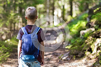 Little child boy with hikers backpack travelling in forest Stock Photo