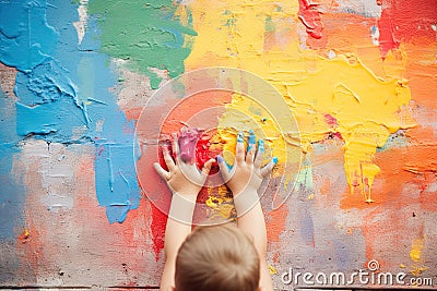 little child draws with his hands on the wall with bright multi-colored paints Stock Photo