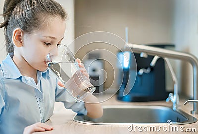 Little child is drinking fresh and pure tap water from glass. Water being poured into glass from kitchen tap. Zero waste and no Stock Photo