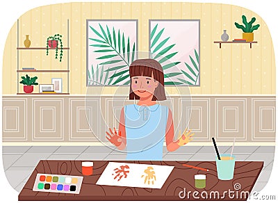 Child paints his hands with paint and leaves traces of palms on paper. Girl is engaged in creativity Vector Illustration