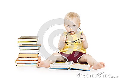 Little Child Girl Reading Book in Glasses, Small Kid Development Stock Photo