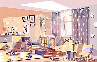 Messy child bedroom sunny interior cartoon vector Vector Illustration