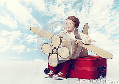 Little Child Playing Airplane Pilot, Kid Traveler Flying in Avia Stock Photo