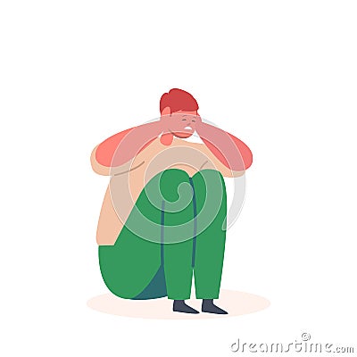 Little Child Sitting on Floor Covering Ears with Hands. Family Problems, Domestic Abuse, Bullying Concept, Anxious Boy Vector Illustration