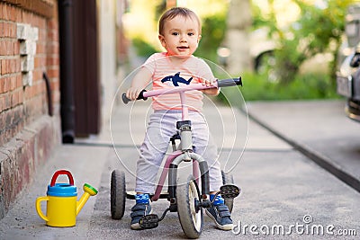 Little child sitting on a pink tricycle on an asphalt tarmac pavement Stock Photo