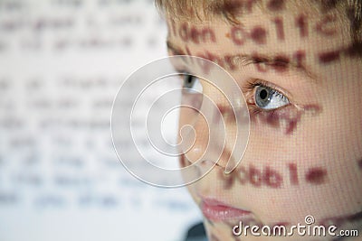 Little child an text projection device Stock Photo