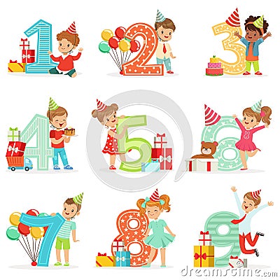 Little Children Birthday Celebration Set With Adorable Kids Standing Next To The Growing Digits Of Their Age Vector Illustration