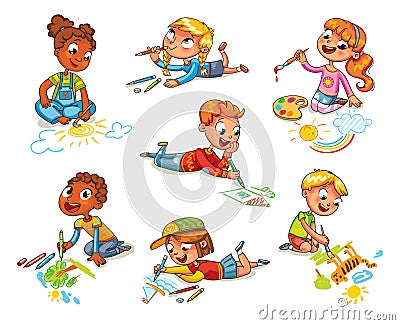 Little children draw pictures pencils and paints Vector Illustration