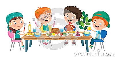 Little Children Eating Healthy Food Vector Illustration