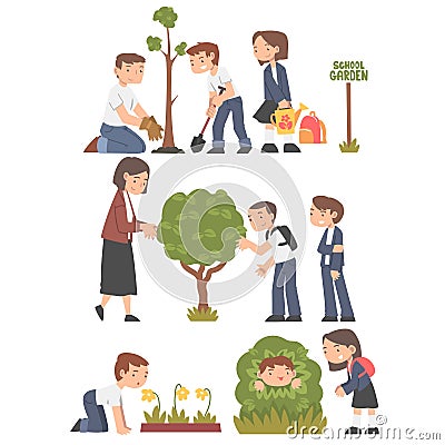 Little Children Engaged in School Gardening Watering and Planting Tree Vector Set Stock Photo