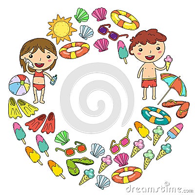 Little children play. Summer camp, beach, vacation. Kindergarten and preschool kids. Play, learn, grow together. Beach Vector Illustration