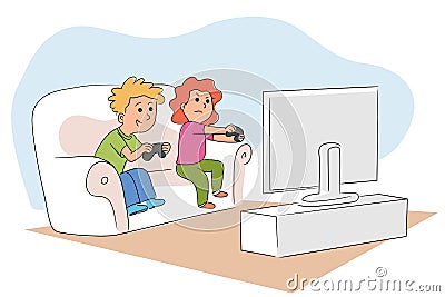 Little children playing videogames on TV at home Vector Illustration