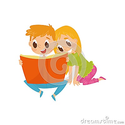 Little children reading book with fairy tales. Brother and sister spending time together. Happy childhood. Flat vector Vector Illustration