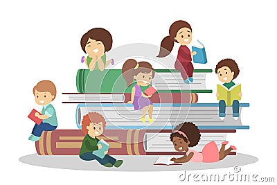 Little children sitting on a book stack and reading Vector Illustration