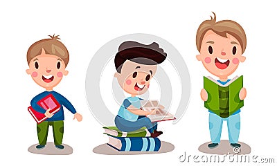 Little Children Sitting and Standing Reading Book Vector Illustrations Set Vector Illustration
