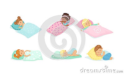Little Children Sleeping Covered with Blanket Vector Set Vector Illustration